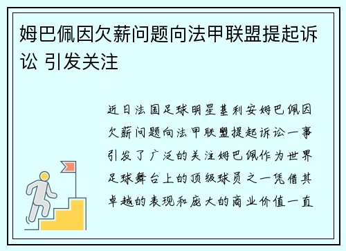 姆巴佩因欠薪问题向法甲联盟提起诉讼 引发关注