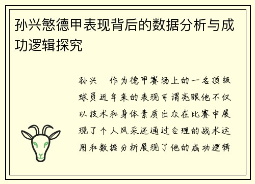 孙兴慜德甲表现背后的数据分析与成功逻辑探究