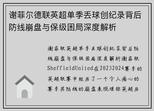 谢菲尔德联英超单季丢球创纪录背后防线崩盘与保级困局深度解析 谢菲尔德联英超单季丢球创纪录背后防线崩盘与保级困局深度解析